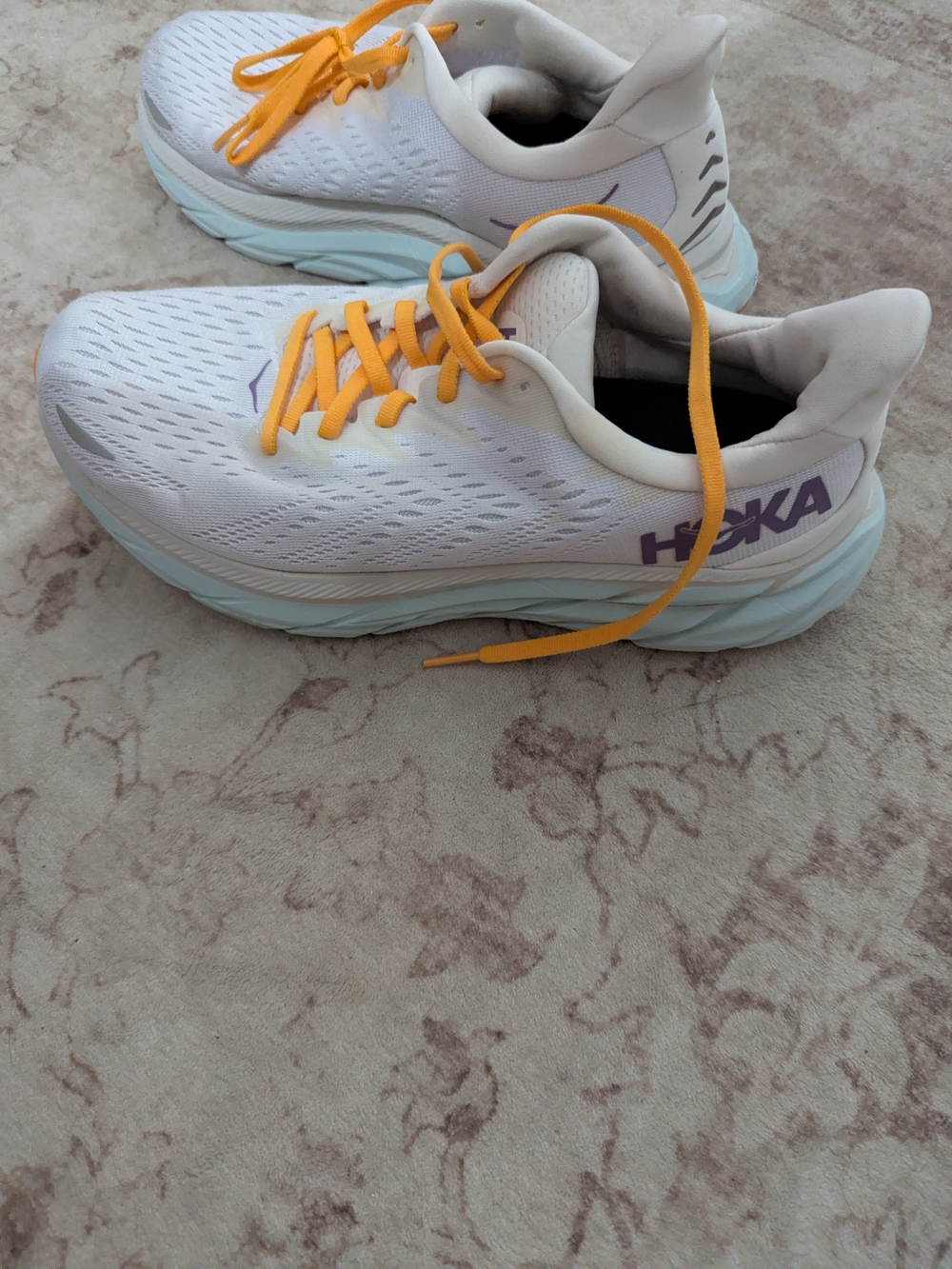 Hoka One One Women's White Running Shoes with Yellow Laces - Picture 2 of 5